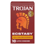 Front of a dark red Trojan Ecstasy condom box. It features the gold Trojan helmet logo and reads "America's #1 Condom Brand" at the top, "ECSTASY" in large white letters in the middle, and "10 Latex Condoms" at the bottom.