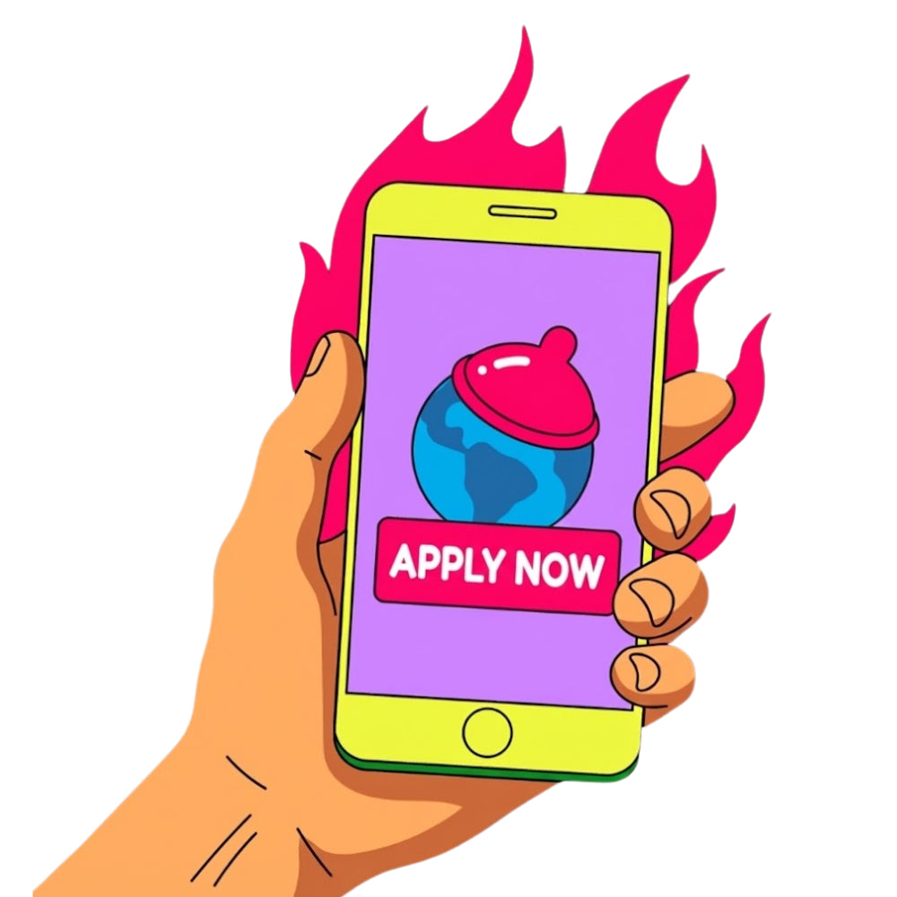 Hand holding a smartphone with a world condom icon on the screen and the words “Apply Now,” surrounded by stylized flames.