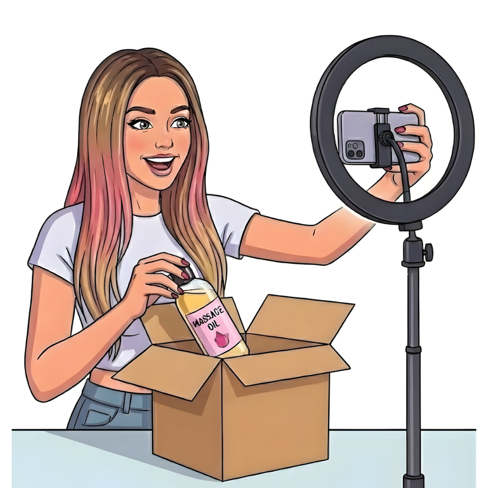 A female content creator filming an unboxing video with a ring light and smartphone while opening a box of products on a table.