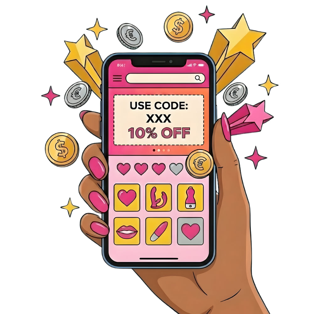Hand holding a smartphone displaying a shopping app screen with “Use code XXX 10% off,” surrounded by icons of hearts, stars, and coins, representing discounts and rewards.