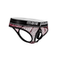 Isolated product view of the burgundy fishnet thong with its front pouch detached, highlighting the "Male Power" branded elastic waistband and exposed interior C-ring loop.