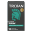 A retail box for Trojan Raw condoms against a clean white background. The upper portion of the black cardboard box features the white "TROJAN" logo below the tagline "AMERICA'S #1 CONDOM BRAND." The center features a stylized Trojan helmet logo in a vibrant teal color, next to a circular gold seal that reads "TRUSTED FOR OVER 100 YEARS • 3X TESTED." A small banner notes "BARESKIN™ RAW™ IS NOW: RAW™" directly above the main product name.