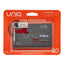 A product shot of a three-pack of UNIQ Free Secure Fit condoms. The packaging is red-orange and white, and features the text "Extra protection!" "Latex FREE Hypoallergenic," and "3 CONDOMS."