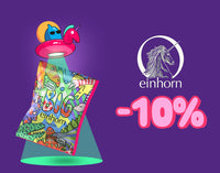 Promotional banner on a purple background offering a 10% discount on Einhorn products, featuring a whimsical UFO beaming down a colorful dinosaur-patterned pack of Einhorn Big Condoms alongside the white Einhorn logo.