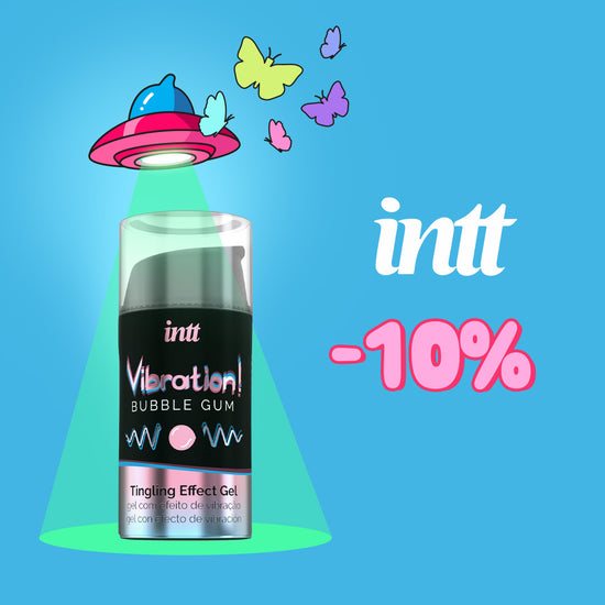 A promotional banner for My.Size Pro condoms against a blue background. The image shows a dark blue box of My.Size Pro condoms illuminated by a neon green light beam from a small, cartoonish UFO. Colorful butterflies fly near the top of the beam. On the right side, the My.Size Pro circular logo is visible above a large, bold pink "-10%" graphic indicating a discount.