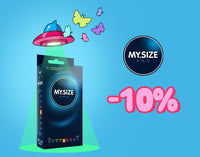 A promotional banner for My.Size Pro condoms against a blue background. The image shows a dark blue box of My.Size Pro condoms illuminated by a neon green light beam from a small, cartoonish UFO. Colorful butterflies fly near the top of the beam. On the right side, the My.Size Pro circular logo is visible above a large, bold pink "-10%" graphic indicating a discount.