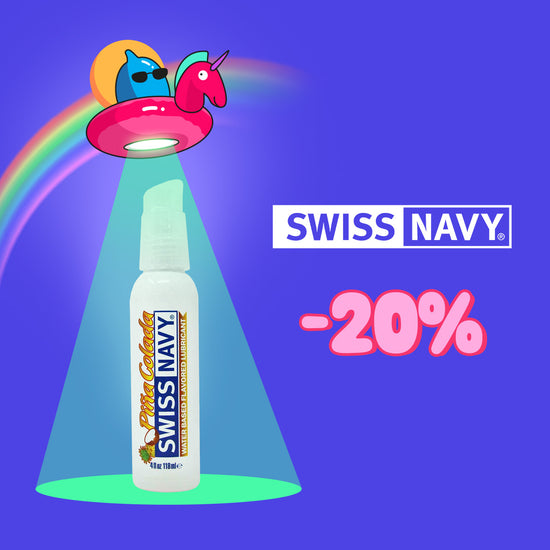 Promotional banner featuring a bottle of Swiss Navy lubricant under a cartoon UFO beam with a rainbow background. The design includes the Swiss Navy logo and a bold “-20%” discount offer on a purple background.