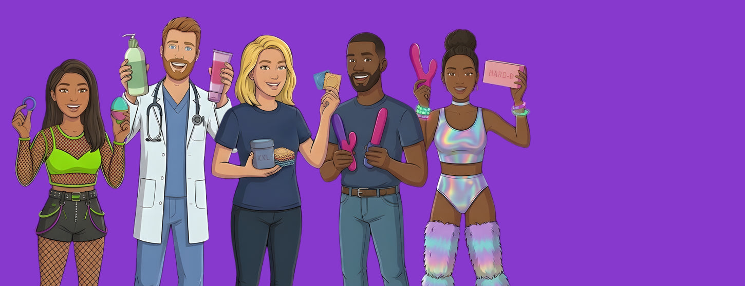 Illustrated group of four diverse adults standing against a purple background, each holding different personal care or sexual wellness products, smiling and facing forward.