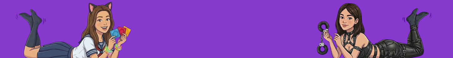 Purple background showing two women facing inward: one on the left holding colorful condoms and wearing playful cat-ear accessories, and one on the right holding a pair of handcuffs, both smiling and representing sexual wellness products.