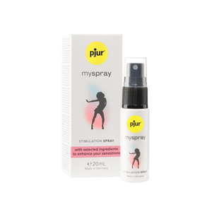 A white box and spray bottle of Pjur Myspray are shown against a white background.