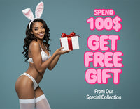 Woman in lingerie and bunny ears holding a gift box with promotional text on a gray background