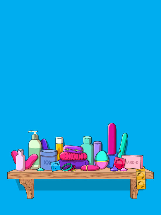 Colorful assortment of items on a wooden shelf against a blue background