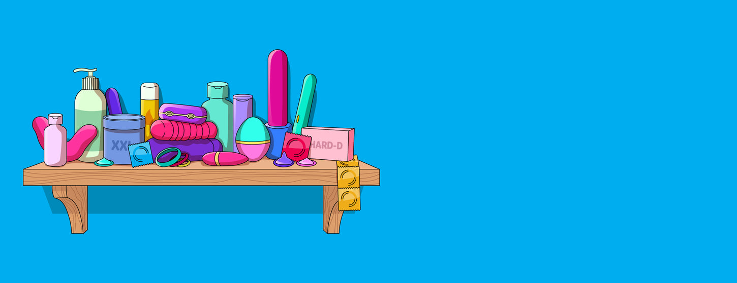 Colorful assortment of toys on a wooden shelf against a blue background