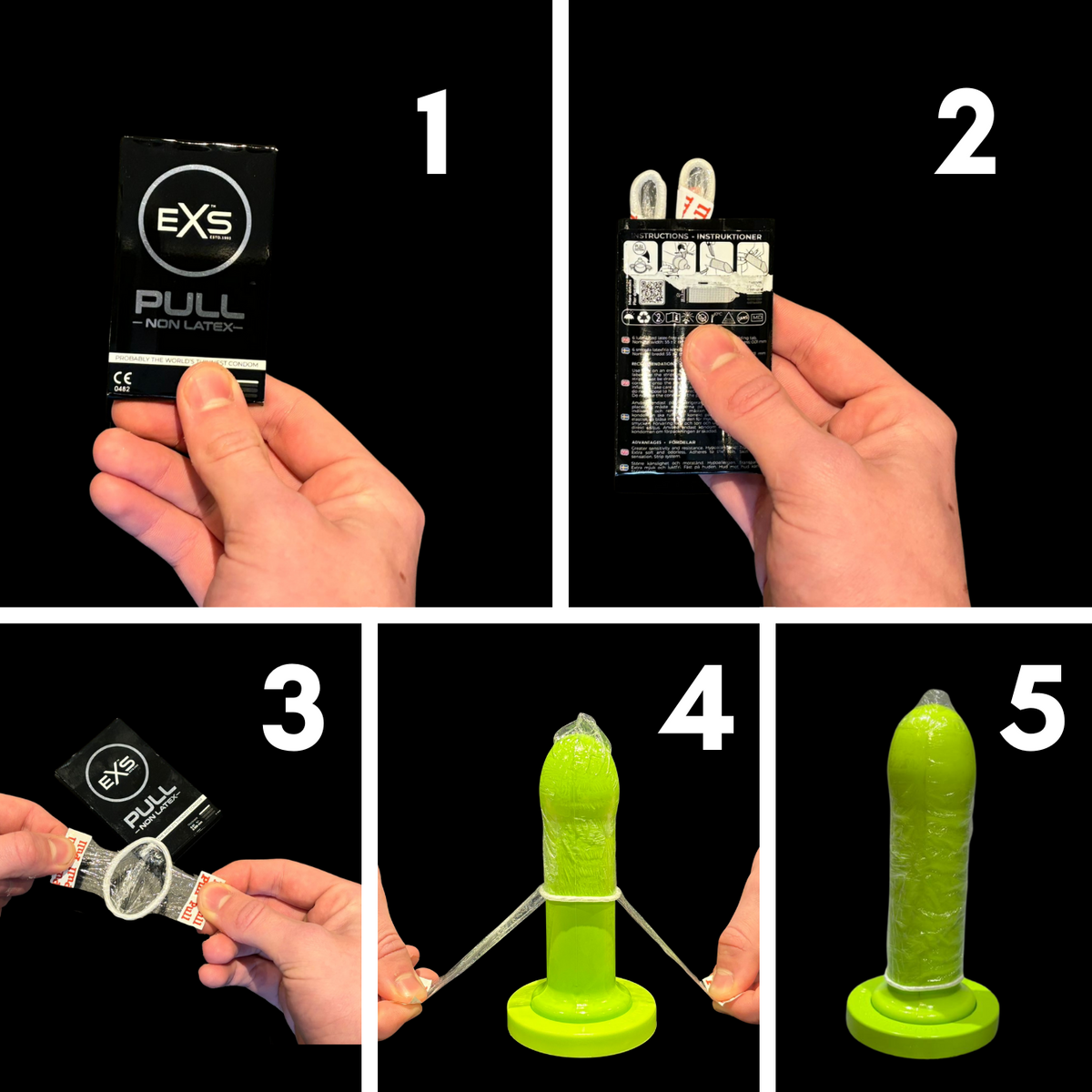 An image of a five-panel product instruction guide on a black background for EXS Pull Condoms.