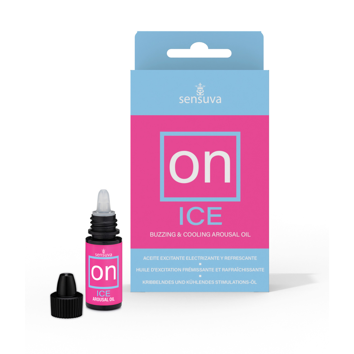 Studio product shot of the Sensuva ON ICE Arousal Oil packaging standing beside its small black dropper bottle. The bottle's black cap is unscrewed and set to the left, exposing the clear dropper nozzle against a plain white background. Imagen principal del producto