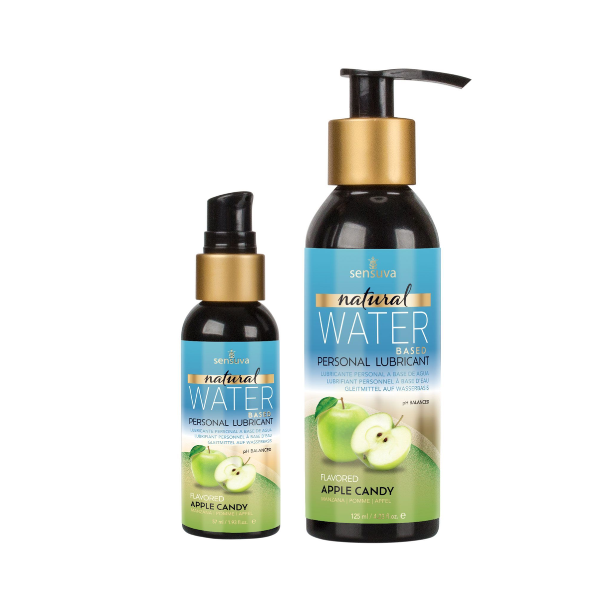 Two dark bottles of Sensuva Natural Water Based personal lubricant are displayed side-by-side against a white background. Both feature blue labels with gold accents and an illustration of a whole green apple next to a cut apple half. Main image