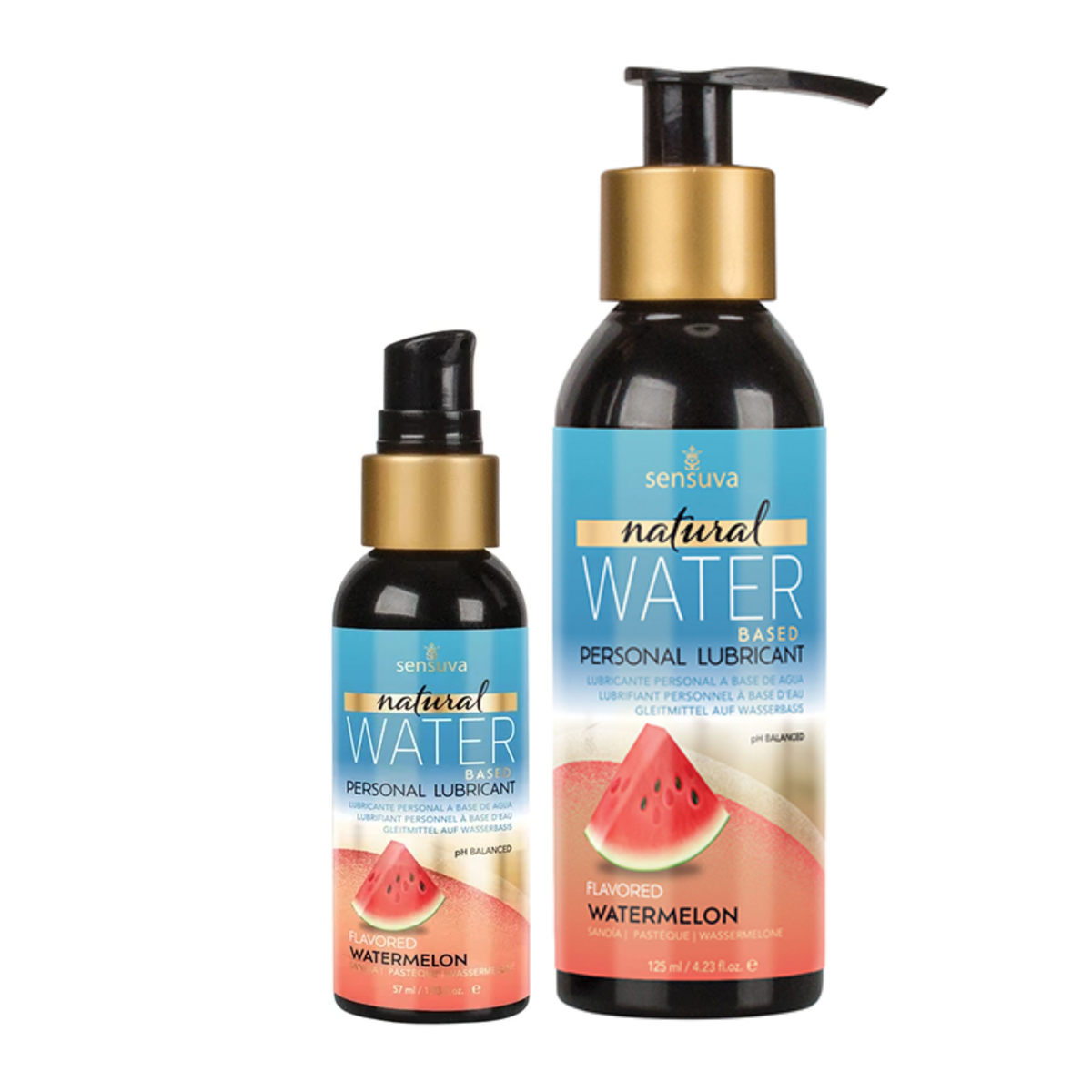 Two dark bottles of Sensuva Natural Water Based personal lubricant are displayed side-by-side against a white background. Both feature bright blue labels with gold accents and a graphic of a fresh watermelon slice. Main image