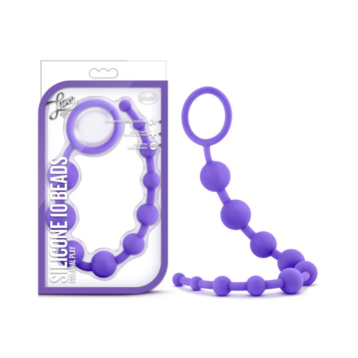 Studio product shot showing the Luxe Silicone 10 Beads for Anal Play package standing next to the purple silicone bead strand on a white background. The packaging features a clear window showcasing the product inside. Main image