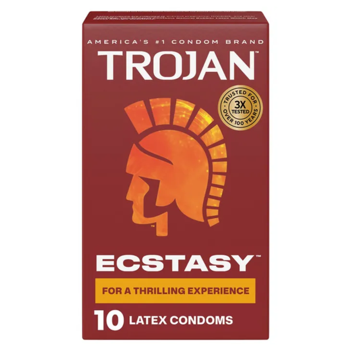 Front of a dark red Trojan Ecstasy condom box. It features the gold Trojan helmet logo and reads "America's #1 Condom Brand" at the top, "ECSTASY" in large white letters in the middle, and "10 Latex Condoms" at the bottom.