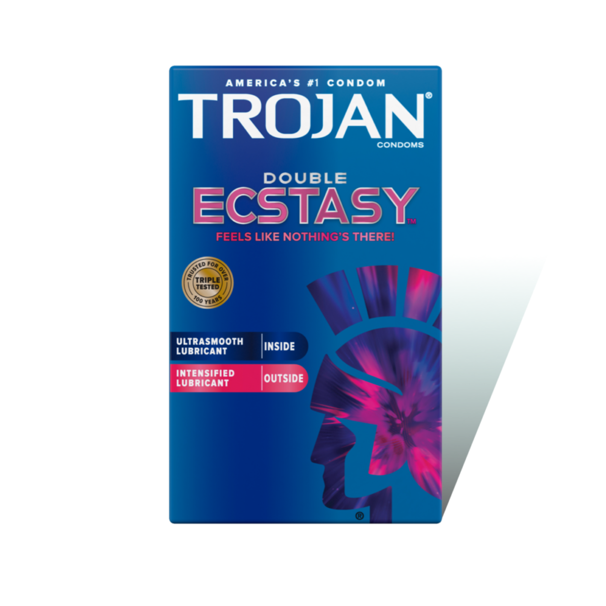 A professional product shot of a blue Trojan Double Ecstasy condom box. The top of the box features the Trojan logo in white, with the words "Double Ecstasy" in a pink and silver gradient font. Below the name, the tagline reads "Feels Like Nothing's There!" in red. The left side highlights two types of lubricant: Ultrasmooth Lubricant (Inside) and Intensified Lubricant (Outside). A purple and pink stylized Trojan helmet graphic is visible on the bottom right.