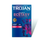 A professional product shot of a blue Trojan Double Ecstasy condom box. The top of the box features the Trojan logo in white, with the words "Double Ecstasy" in a pink and silver gradient font. Below the name, the tagline reads "Feels Like Nothing's There!" in red. The left side highlights two types of lubricant: Ultrasmooth Lubricant (Inside) and Intensified Lubricant (Outside). A purple and pink stylized Trojan helmet graphic is visible on the bottom right.