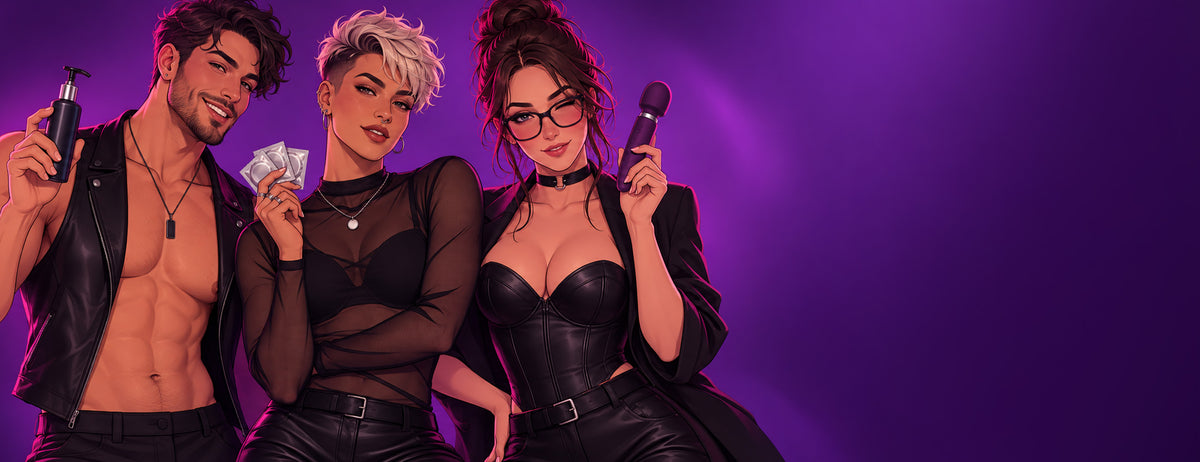 Three stylized human figures posed against a purple spotlight background, each holding an object: a man on the left holds a bottle, the center figure holds cash, and the woman on the right holds a microphone. The scene appears digitally illustrated or heavily edited rather than a standard product photo.