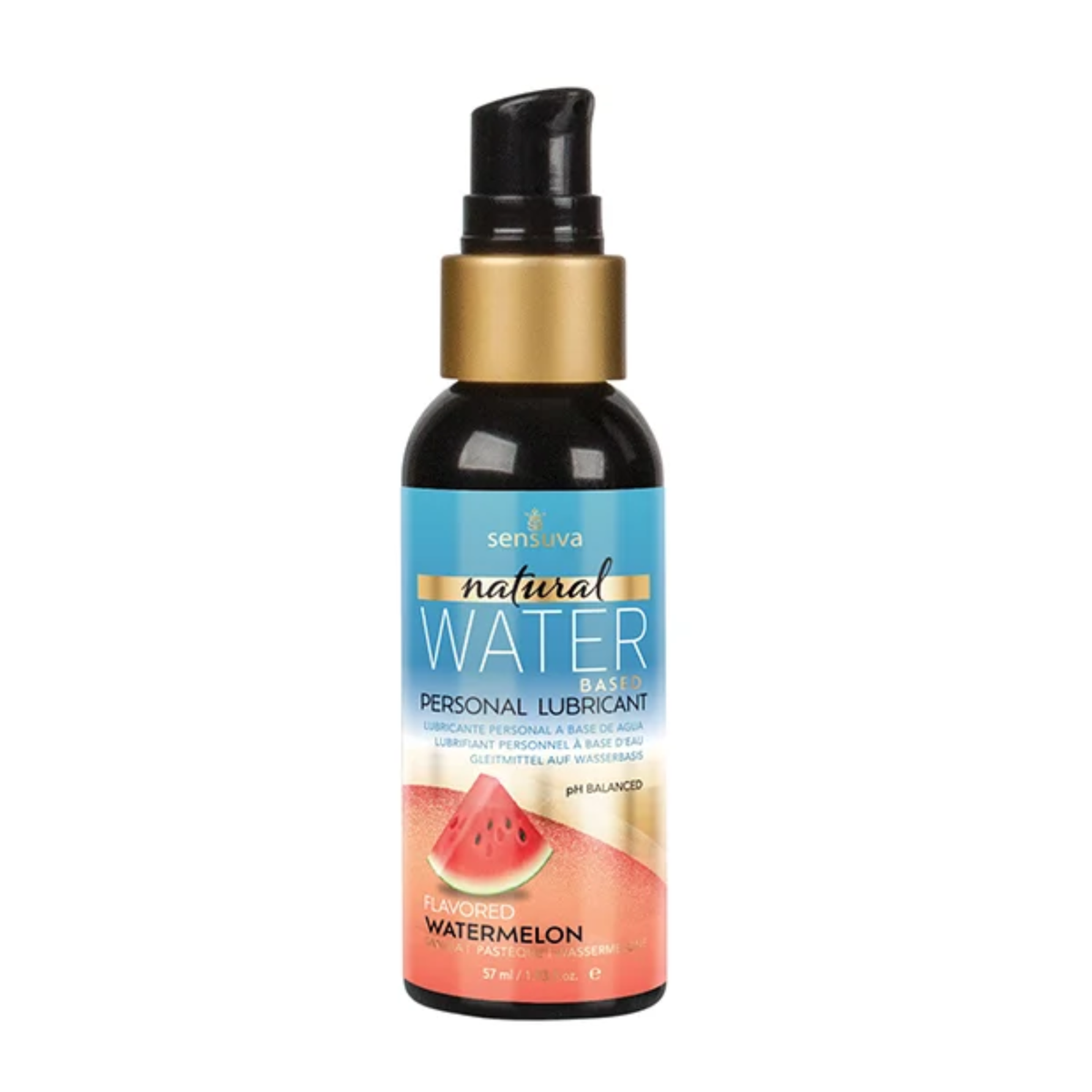 Front view of the smaller 57 ml Sensuva Natural Water Based lubricant bottle with a black pump cap and gold collar. The label prominently showcases the "Watermelon" flavor with a detailed watermelon slice illustration.