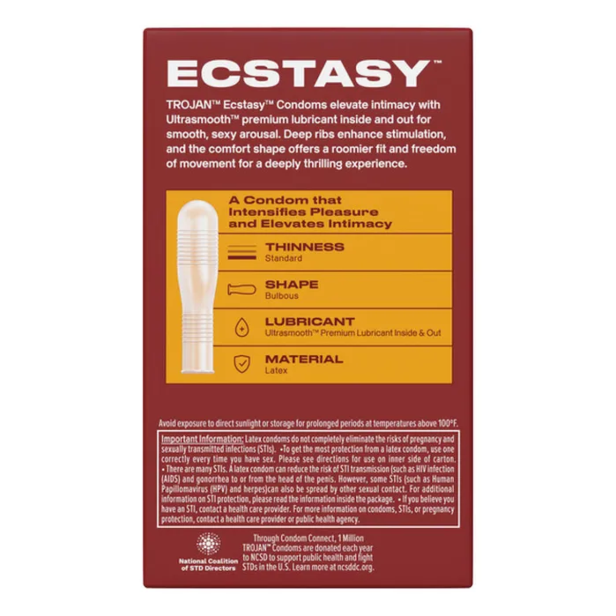 Back of the Trojan Ecstasy box detailing product features. A diagram of a bulbous-shaped condom is shown next to a table listing "Standard" thinness, "Bulbous" shape, "Ultrasmooth Premium Lubricant," and "Latex" material.