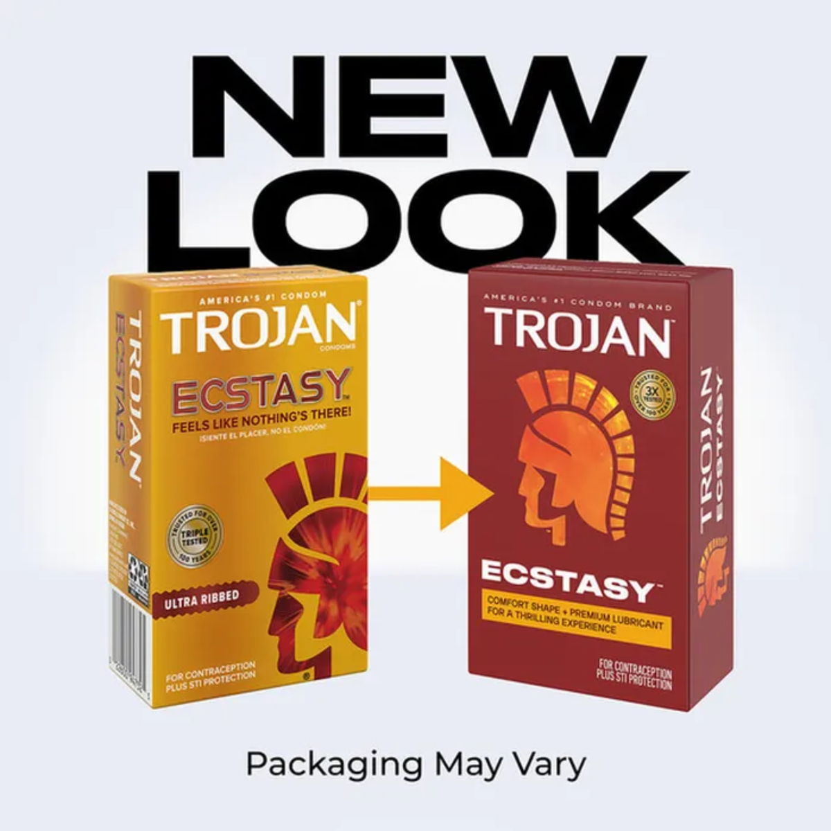 A graphic labeled "NEW LOOK" showing a transition from the old yellow Trojan Ecstasy packaging on the left to the new dark red packaging on the right, indicated by a gold arrow.