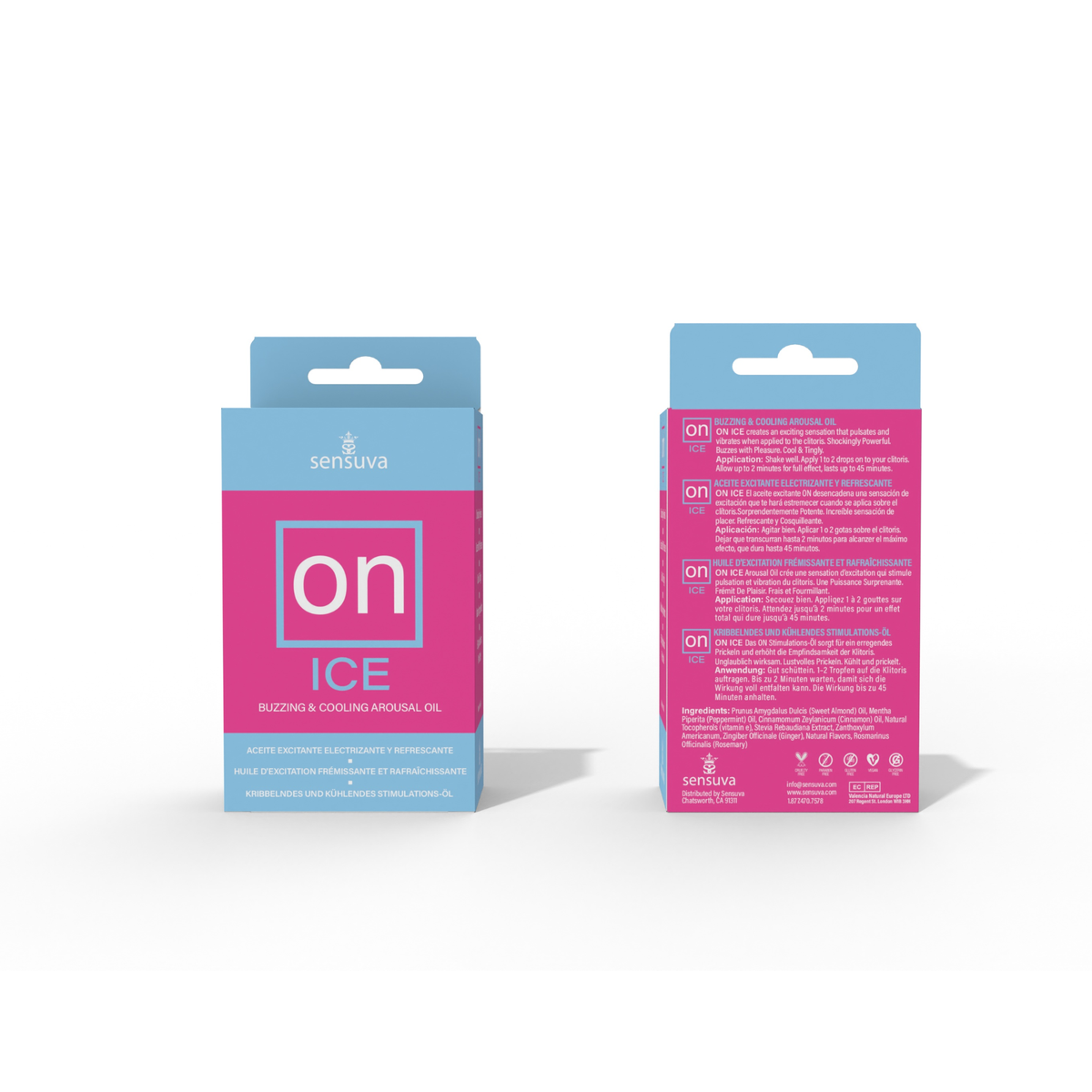 Front and back views of the Sensuva ON ICE Arousal Oil box displayed side-by-side against a white background. The front shows the pink and light blue logo, while the back panel details multilingual usage directions, safety warnings, and ingredients.