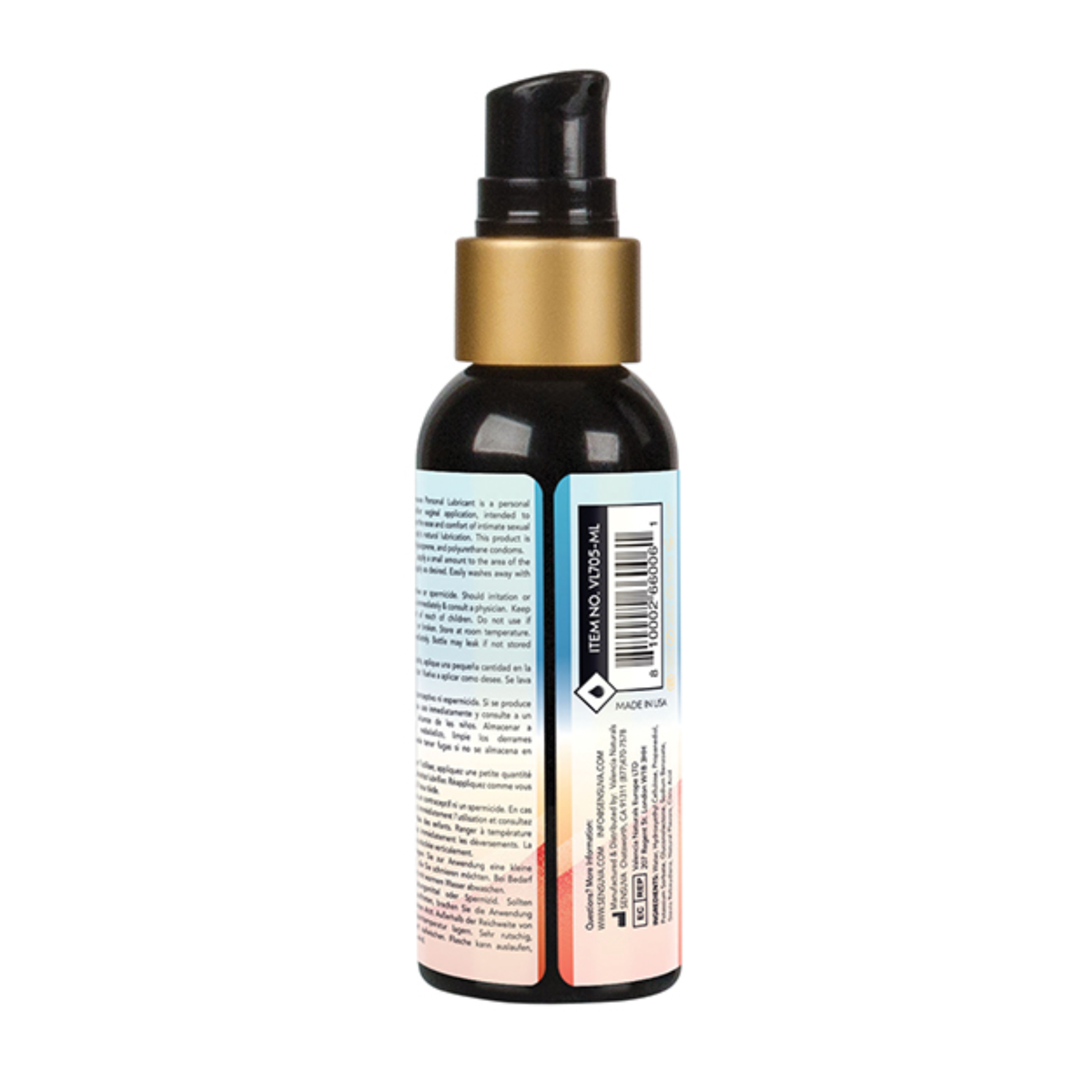 Rear view of the smaller 57 ml Sensuva Natural Water Based lubricant bottle. The white portion of the label displays the barcode, safety warnings, and manufacturer information.