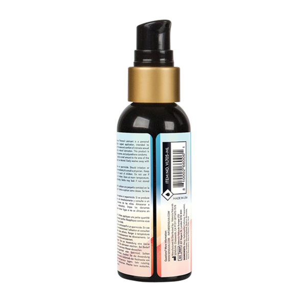 Rear view of the smaller 57 ml Sensuva Natural Water Based lubricant bottle. The white portion of the label displays the barcode, safety warnings, and manufacturer information.