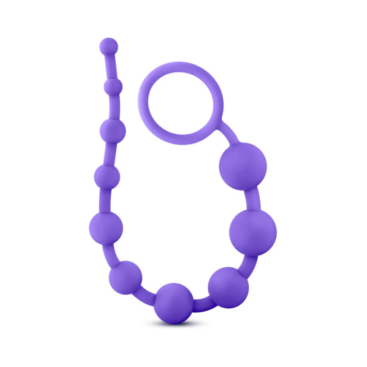 Top-down view of the purple silicone 10-bead strand arranged in a U-shape against a white background. The flexible design features a large ring on one end and a sequence of smooth, connected beads.