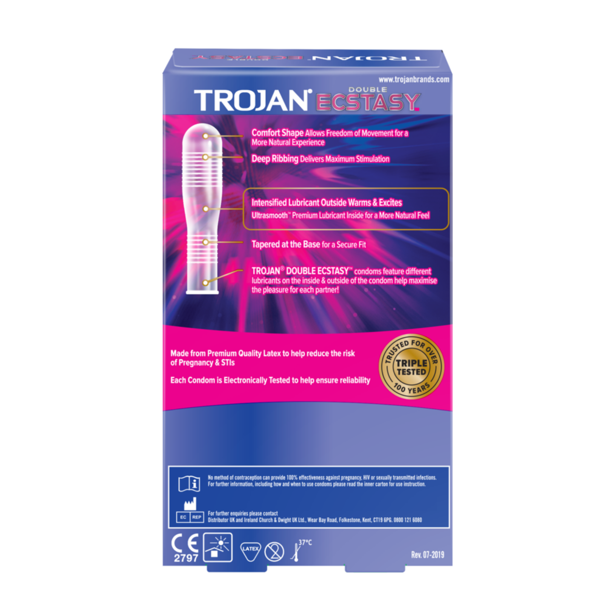 The back of the Trojan Double Ecstasy packaging, featuring a detailed diagram of a single condom.