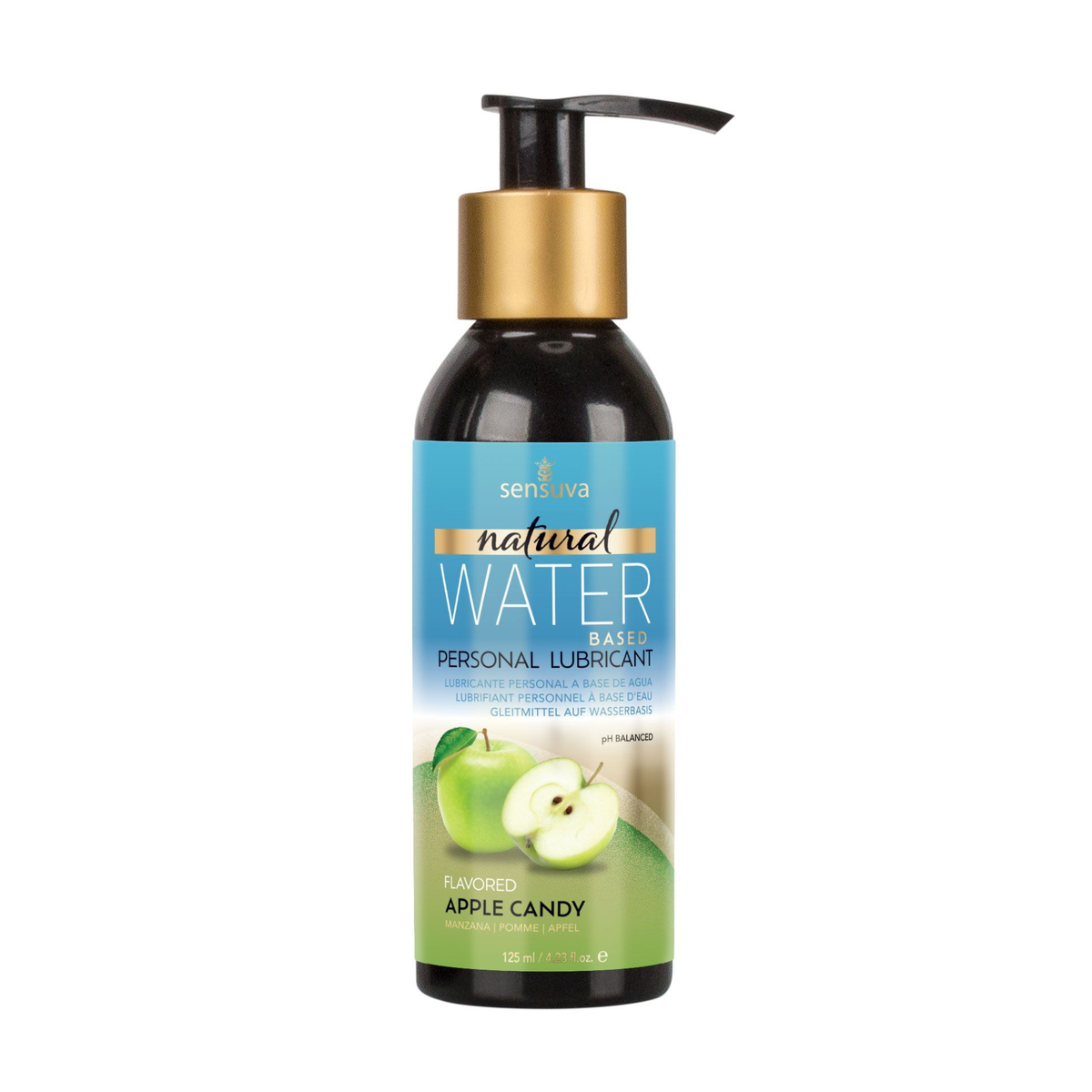 Front view of the larger 125 ml Sensuva Natural Water Based lubricant bottle featuring a wide pump dispenser. The label displays a green apple illustration with the text "Flavored Apple Candy."