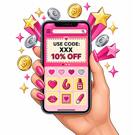 Hand holding a smartphone displaying a 10% off discount code, surrounded by colorful stars, coins, and shopping icons.