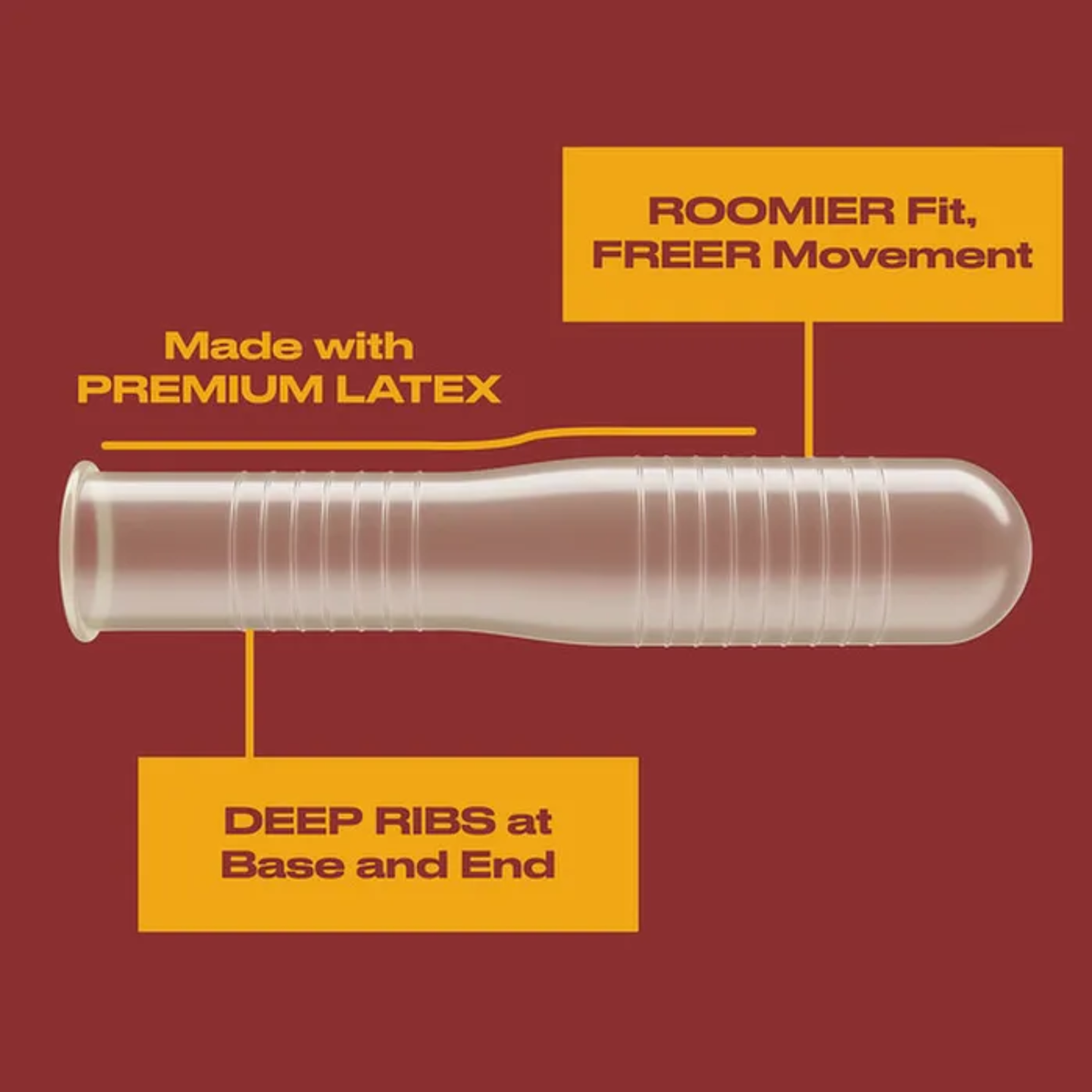 A close-up illustration of a Trojan Ecstasy condom. Text callouts highlight "Deep Ribs at Base and End," a "Roomier Fit," and that it is "Made with Premium Latex."