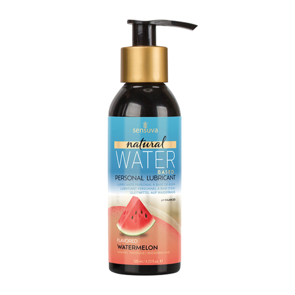Front view of the larger 125 ml Sensuva Natural Water Based lubricant bottle with a wide pump dispenser. The label features a colorful watermelon graphic next to the text "Flavored Watermelon."