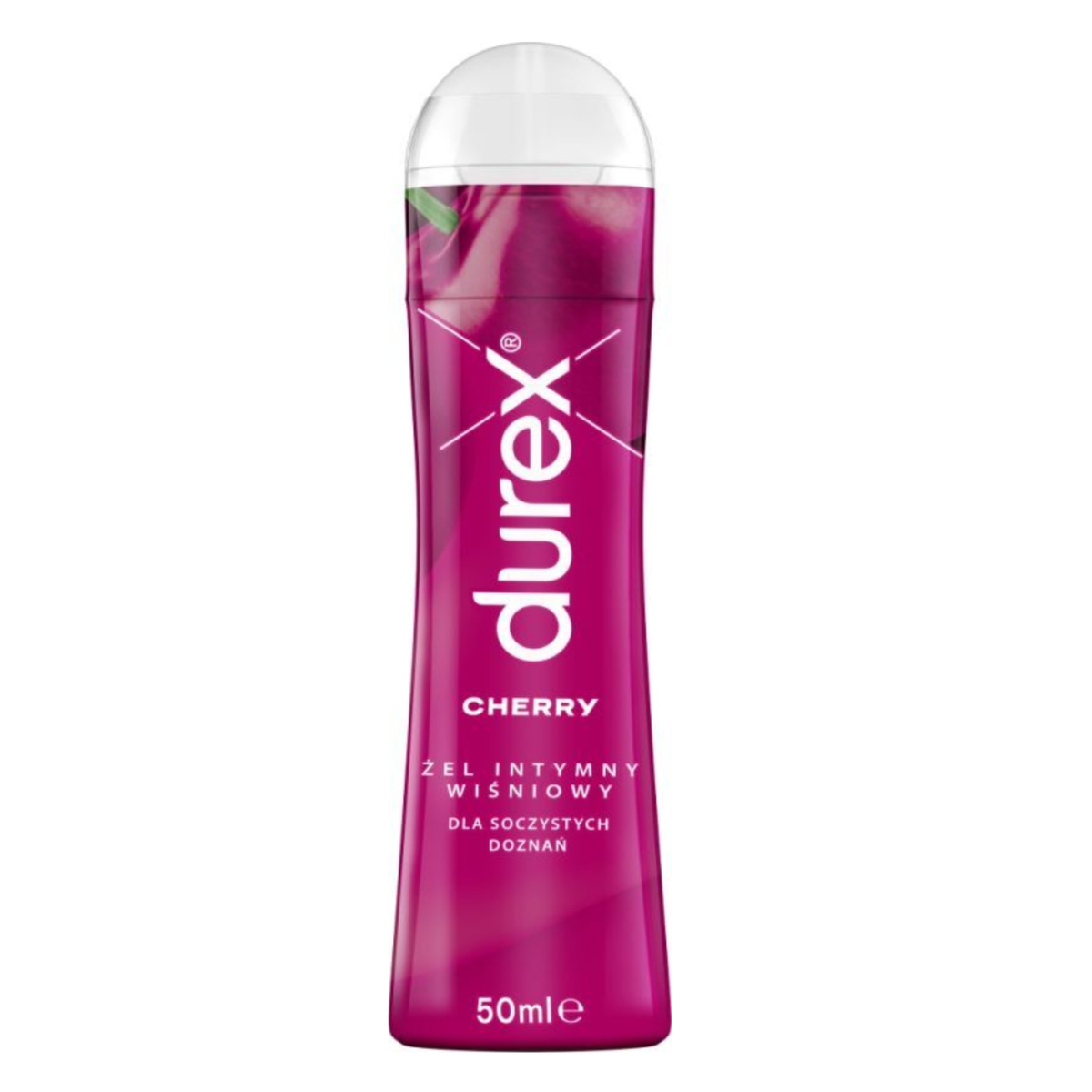 A product shot of a pink 50ml Durex Cherry Lube bottle on a white background, featuring the Durex logo and text in English and Polish. Imagen principal del producto