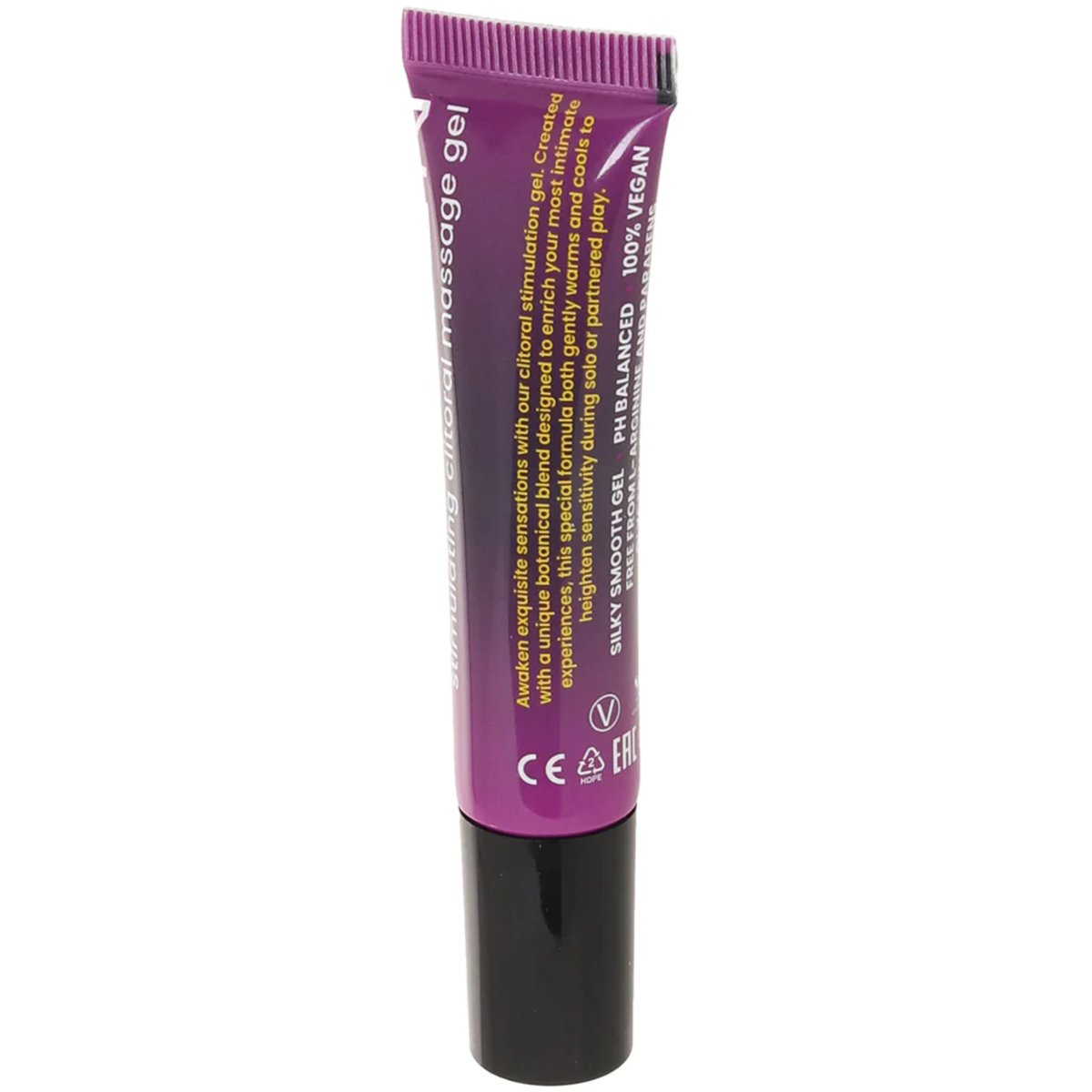 A close-up shot of the back of the "Awaken" stimulating clitoral massage gel tube against a white background. The yellow text describes the product as a "botanical blend designed to enrich your most intimate experiences." Below the description, key features are highlighted, including "SILKY SMOOTH GEL," "pH BALANCED," and "100% VEGAN," alongside standard manufacturing icons, a "V" vegan symbol, and a recycling logo.