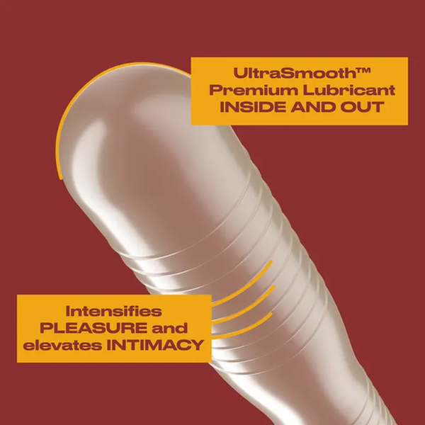 A detailed close-up of the tip of a lubricated condom. Text overlays state "UltraSmooth Premium Lubricant Inside and Out" and "Intensifies Pleasure and Elevates Intimacy.