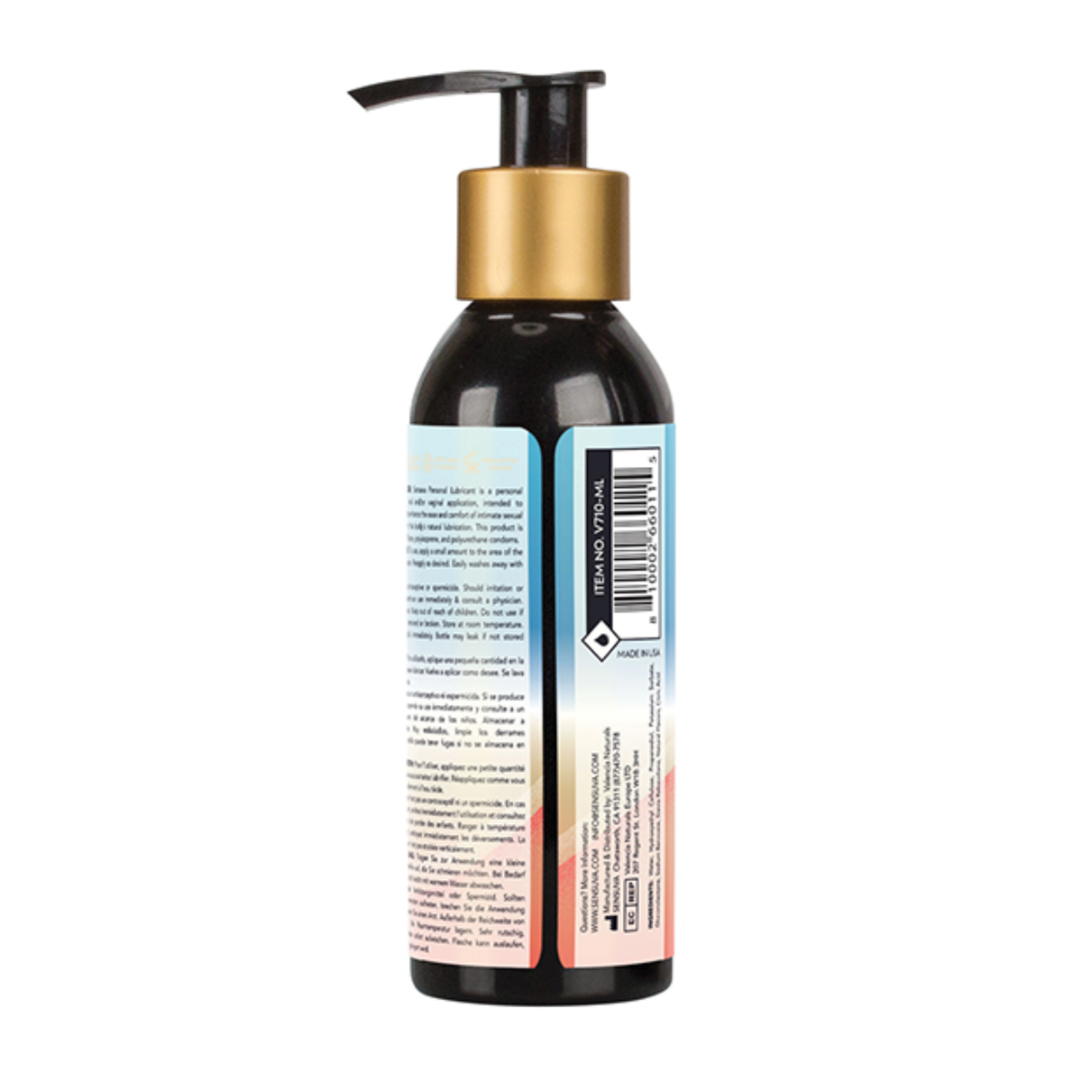 Rear view of the larger 125 ml Sensuva Natural Water Based lubricant bottle. The label displays multilingual descriptions, usage directions, ingredients, and a barcode.