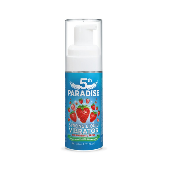 Front studio product shot displaying the 30 ml blue bottle of 5th Paradise Strong Liquid Vibrator Strawberry featuring graphics of fresh strawberries, a white pump dispenser, and a clear protective cap.
