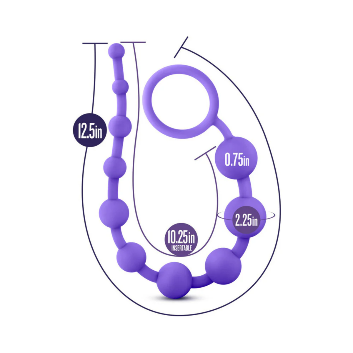A dimensional diagram specifying product measurements for the purple silicone bead strand. It highlights a total length of 12.5 inches, an insertable length of 10.25 inches, a max diameter of 0.75 inches, and a max circumference of 2.25 inches.
