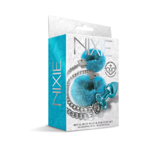 Nixie Metal Butt Plug & Furry Handcuff Kit Blue | WorldCondoms