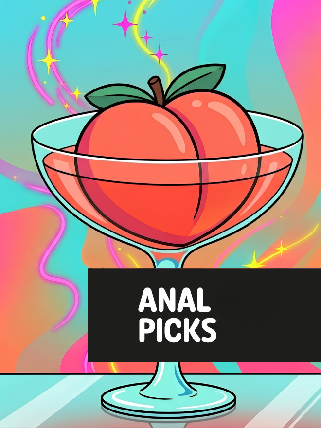 Peach-shaped fruit in a cocktail glass with playful sparkles, representing anal play products.