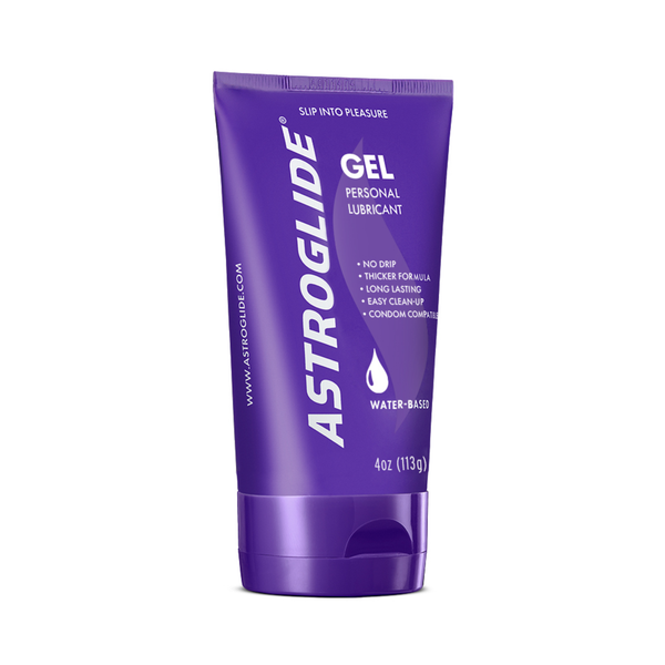 A product shot of the Astroglide Gel Personal Lubricant tube on a white background, showing the front and side view.
