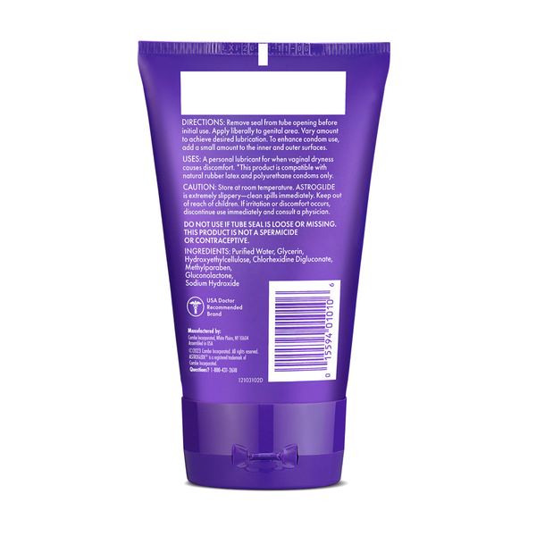 The back of the Astroglide Gel tube, listing directions, uses, caution, and ingredients (Purified Water, Glycerin, Hydroxyethylcellulose, Chlorhexidine Digluconate, Methylparaben, Gluconolactone, Sodium Hydroxide).