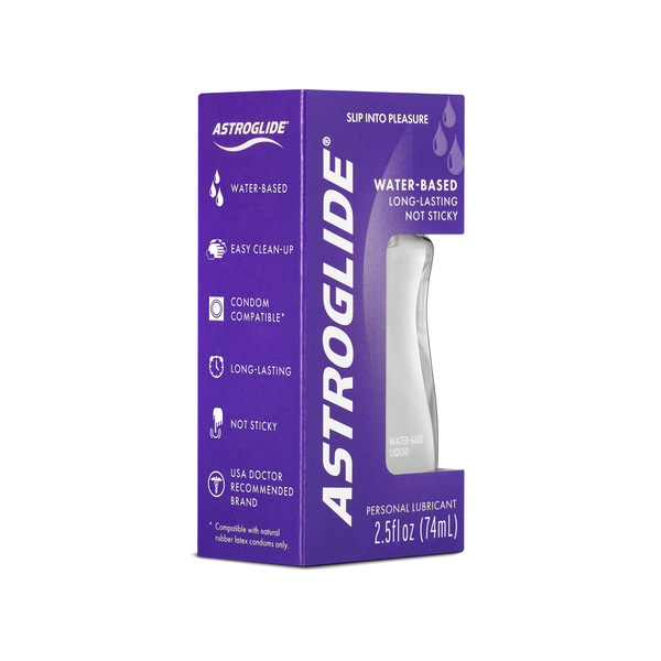 The purple retail box packaging for Astroglide Water-Based Liquid Personal Lubricant, 2.5 fl oz (74mL), listing features like Water-Based, Easy Clean-Up, Long-Lasting, Not Sticky, and Condom Compatible.