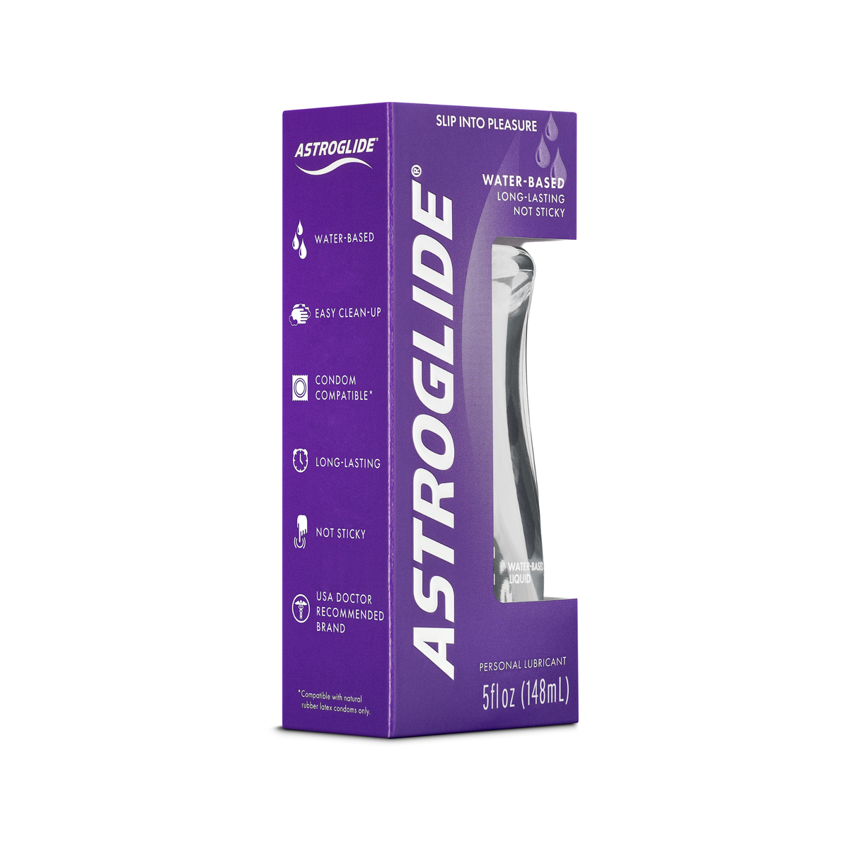 The purple retail box packaging for Astroglide Water-Based Liquid Personal Lubricant, 5 fl oz (148mL), listing features and a visible bottle shape.